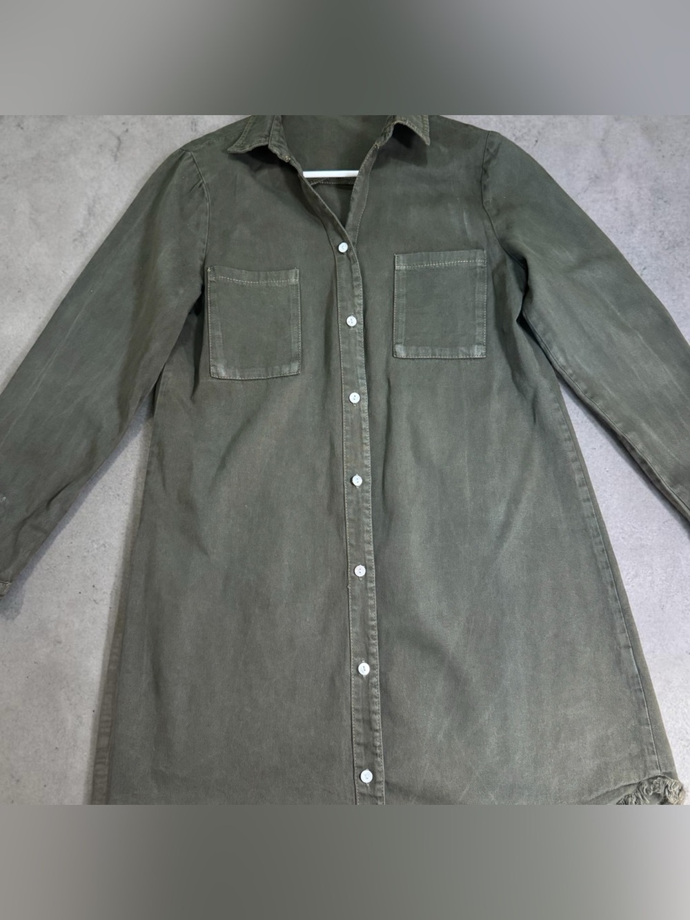 Long Olive Button-Down Shirt Dress with Patch Pockets